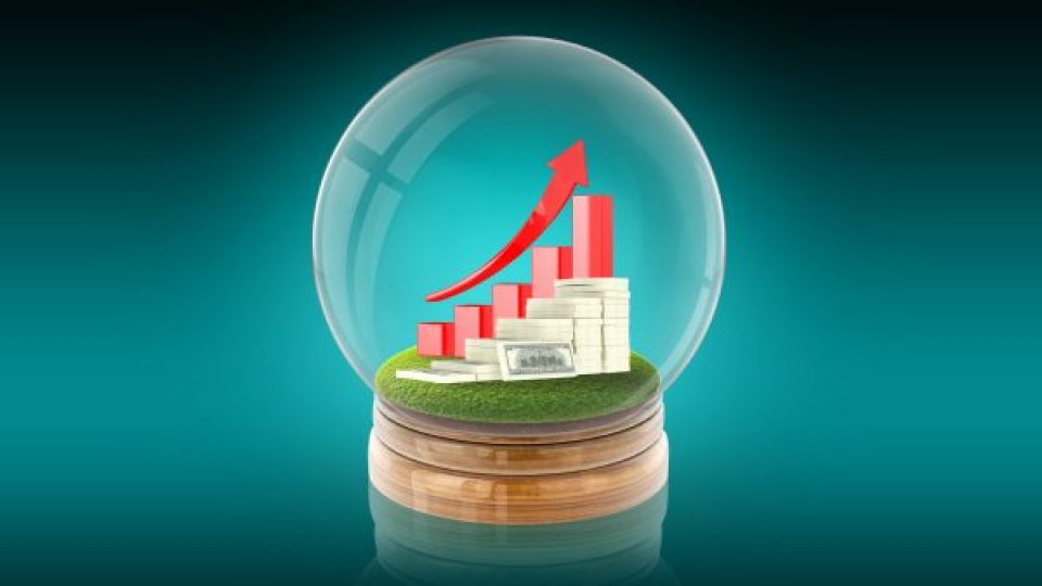 Transparent sphere ball with rising graph and dollars inside. 3D rendering.